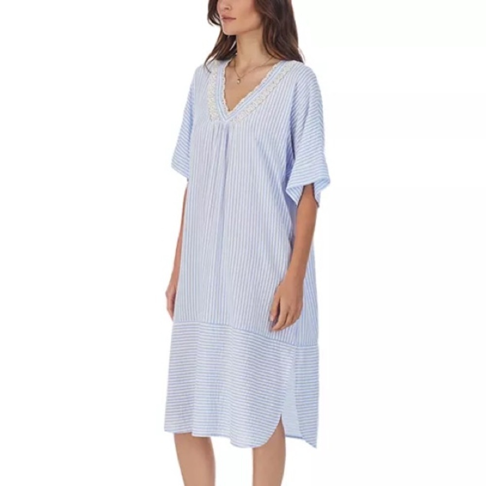 Eileen West Striped Seersucker Caftan Nightgown Blue White Pockets Size Medium